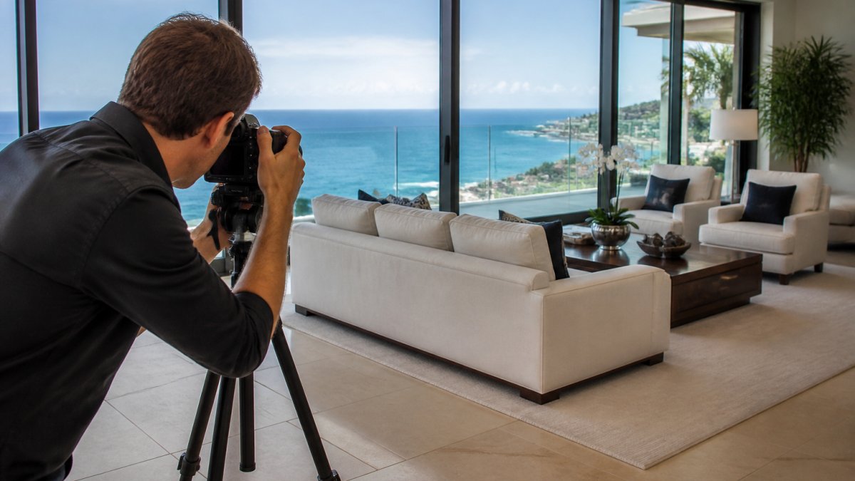 Photographer capturing a luxury real estate marketing shot in a sunlit coastal villa interior.