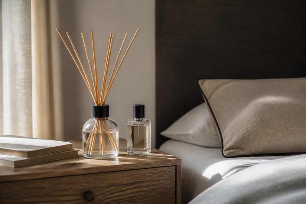 Elegantly styled luxury reed diffuser in clear glass vessel on wooden nightstand with soft natural light illuminating the reeds and fragrance bottle beside it, creating warm home ambiance