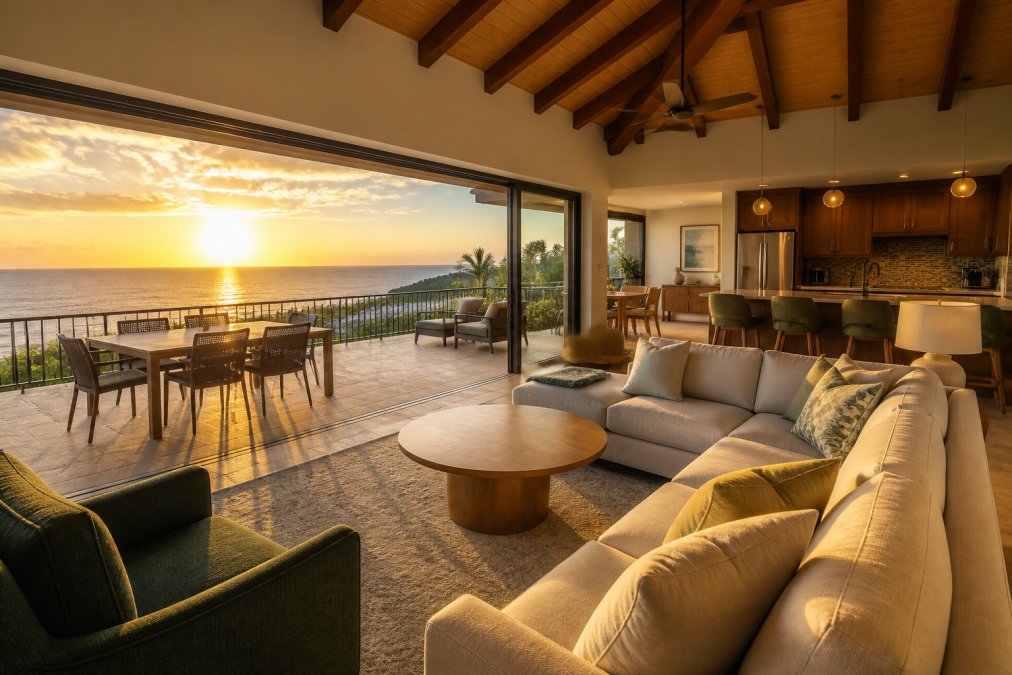 A spacious open-concept luxury condo living area with vaulted wood ceilings, modern furnishings, and large sliding glass doors opening onto a lanai with a sweeping ocean view at golden hour, warm natural light filling the room