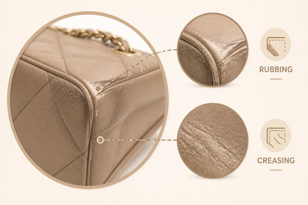 Close-up of luxury leather handbag corner showing subtle rubbing and creasing on the leather surface, with soft natural lighting highlighting the texture and wear patterns