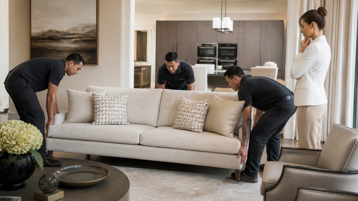 Installation team positioning a large upholstered sofa in a bright, modern living room under designer supervision