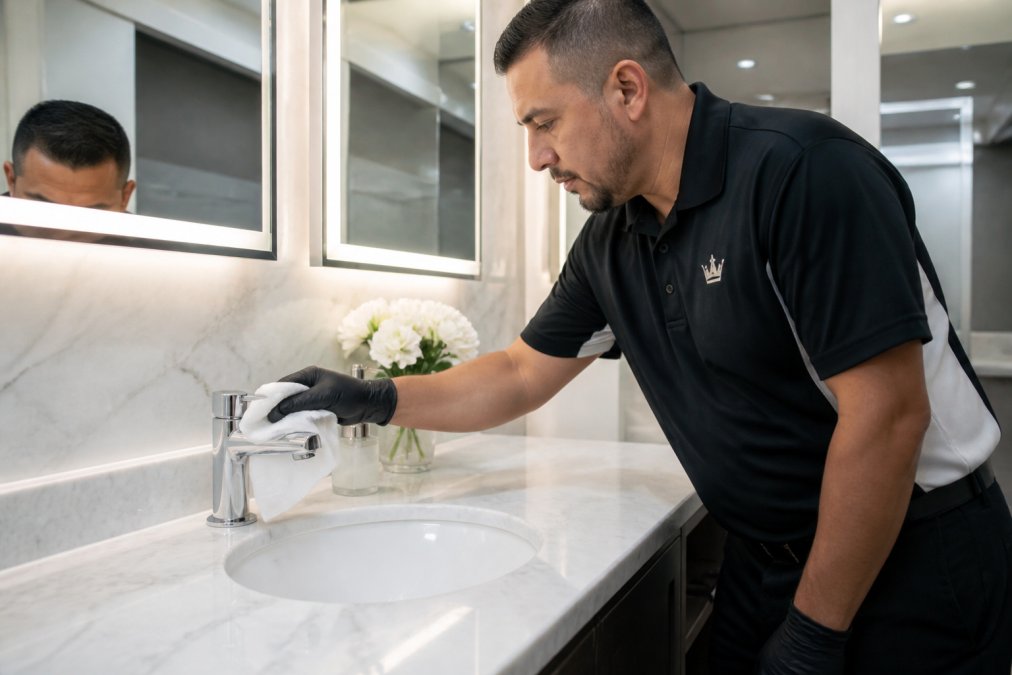 A gloved technician in a branded uniform wiping down a chrome faucet inside a bright luxury restroom trailer with marble countertops and soft LED lighting