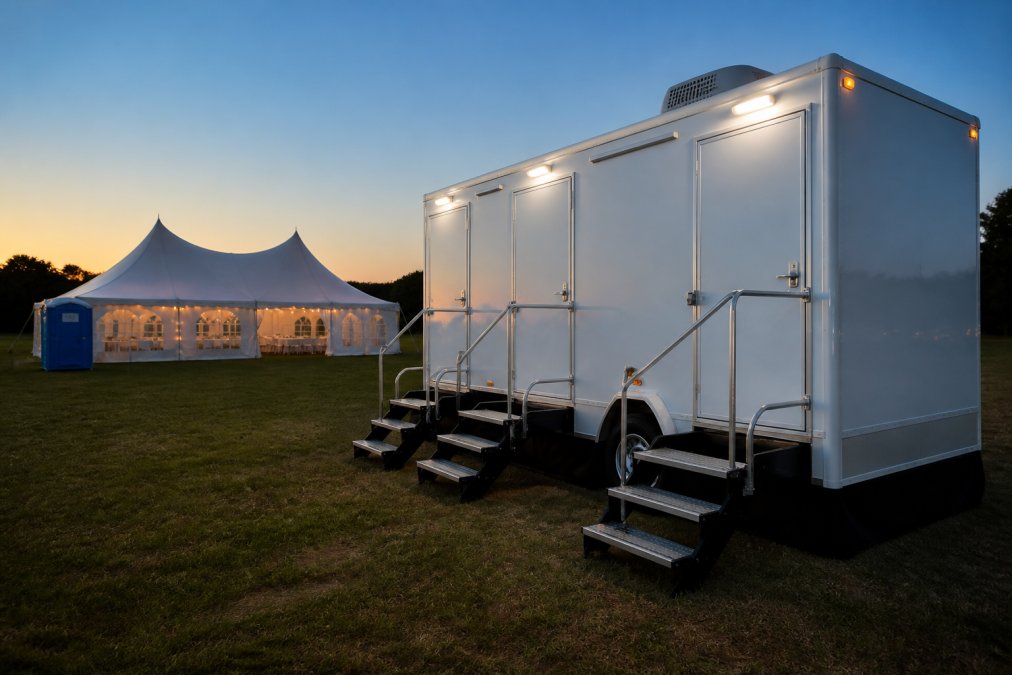 Sleek white luxury restroom trailer with exterior steps, chrome handrails, and warm exterior lighting positioned near an elegant white event tent at dusk, with a basic blue portable toilet visible in the far background