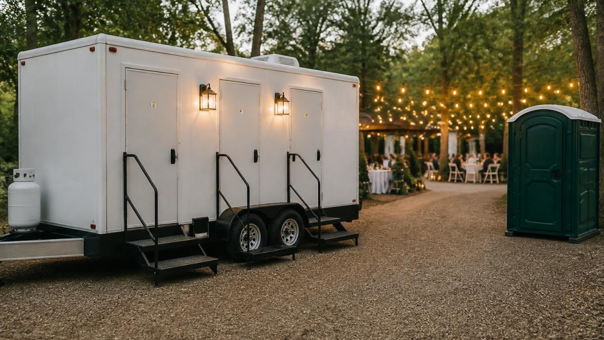 Luxury restroom trailer at an outdoor wedding, highlighting the difference in quality compared to a porta potty.