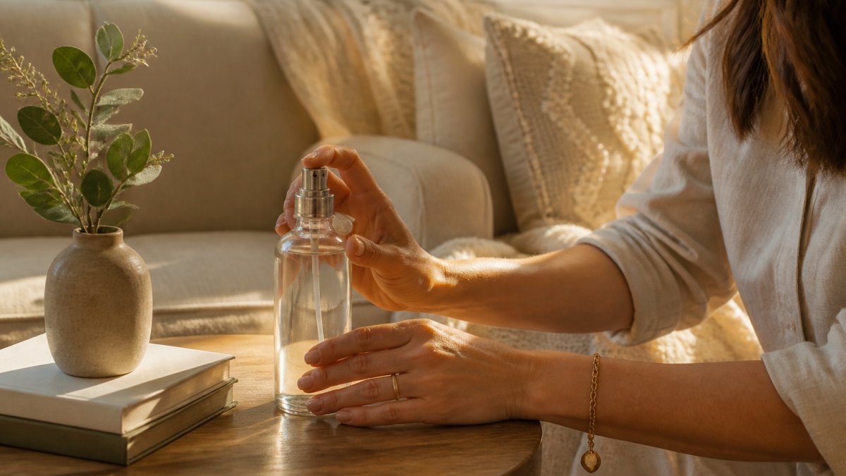 A calm, sunlit living room with a glass room spray bottle on a wooden side table, linen sofa and soft neutral textiles in the background