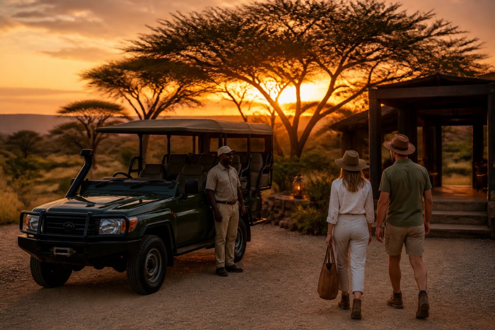 Luxury safari vehicle with professional staff greeting travelers at remote lodge entrance at golden hour, with African landscape and acacia trees silhouetted against sunset sky