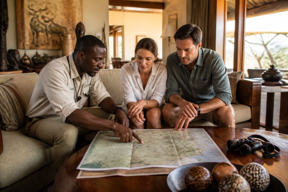 Travelers and professional safari guide reviewing detailed map and itinerary together in luxury lodge common area, with local artwork and comfortable furnishings visible, natural light from large windows