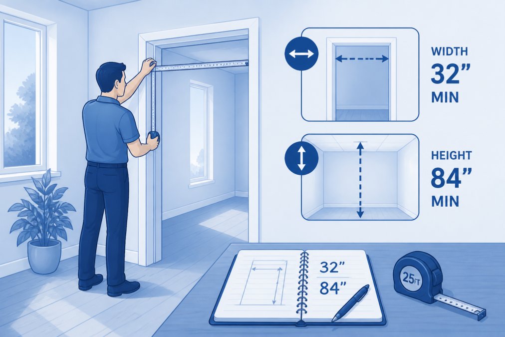 Homeowner measuring doorway width and ceiling height in a residential room with a metal measuring tape, notebook, and pen visible on a nearby table, natural daylight from a window illuminating the space