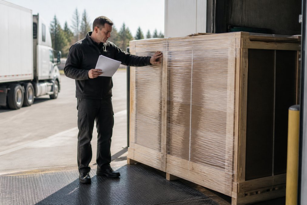 Delivery personnel carefully inspecting a palletized sauna shipment on a loading dock, checking the bill of lading document and examining the protective crate with their hands, professional attire, bright daylight on the dock