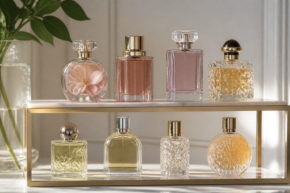 Luxury fragrance bottles arranged by family type (floral, woody, citrus, gourmand) on a sophisticated display shelf with soft natural lighting