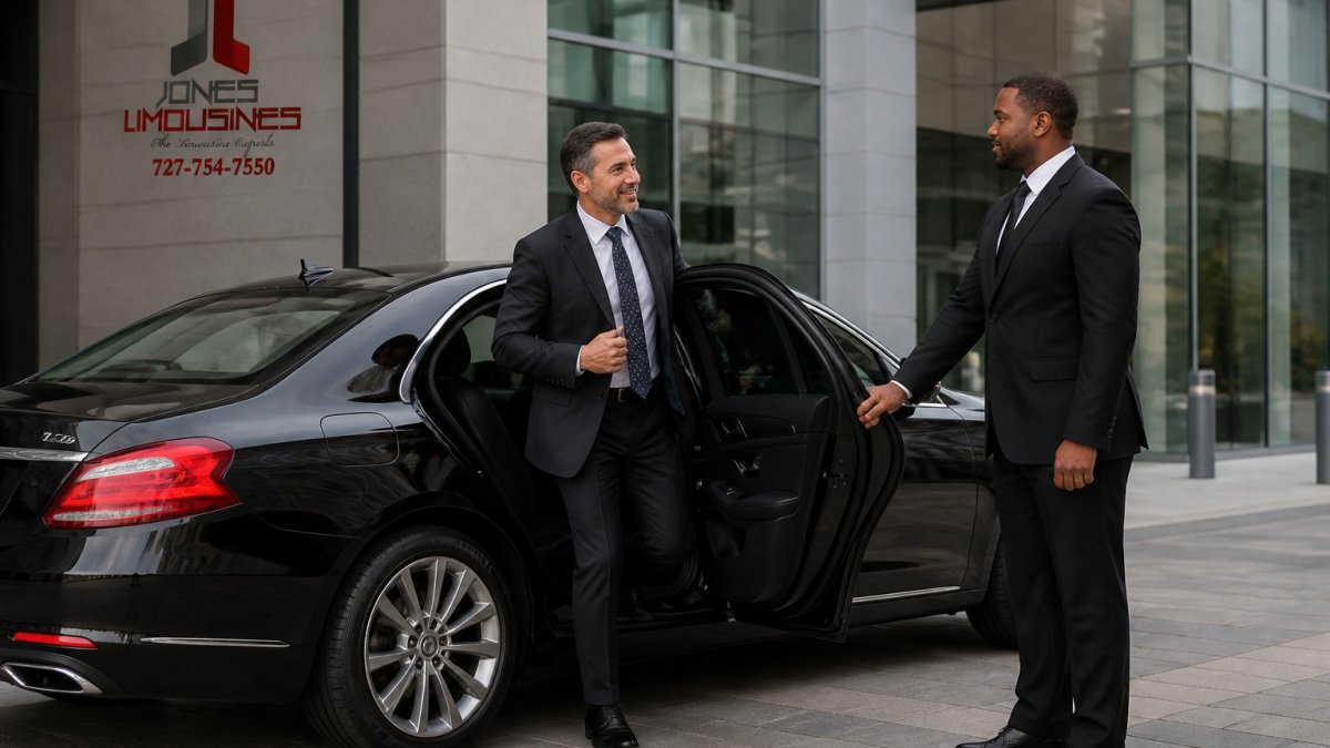 Chauffeur in a suit opening the door of a black luxury sedan service for an executive outside a modern office building.