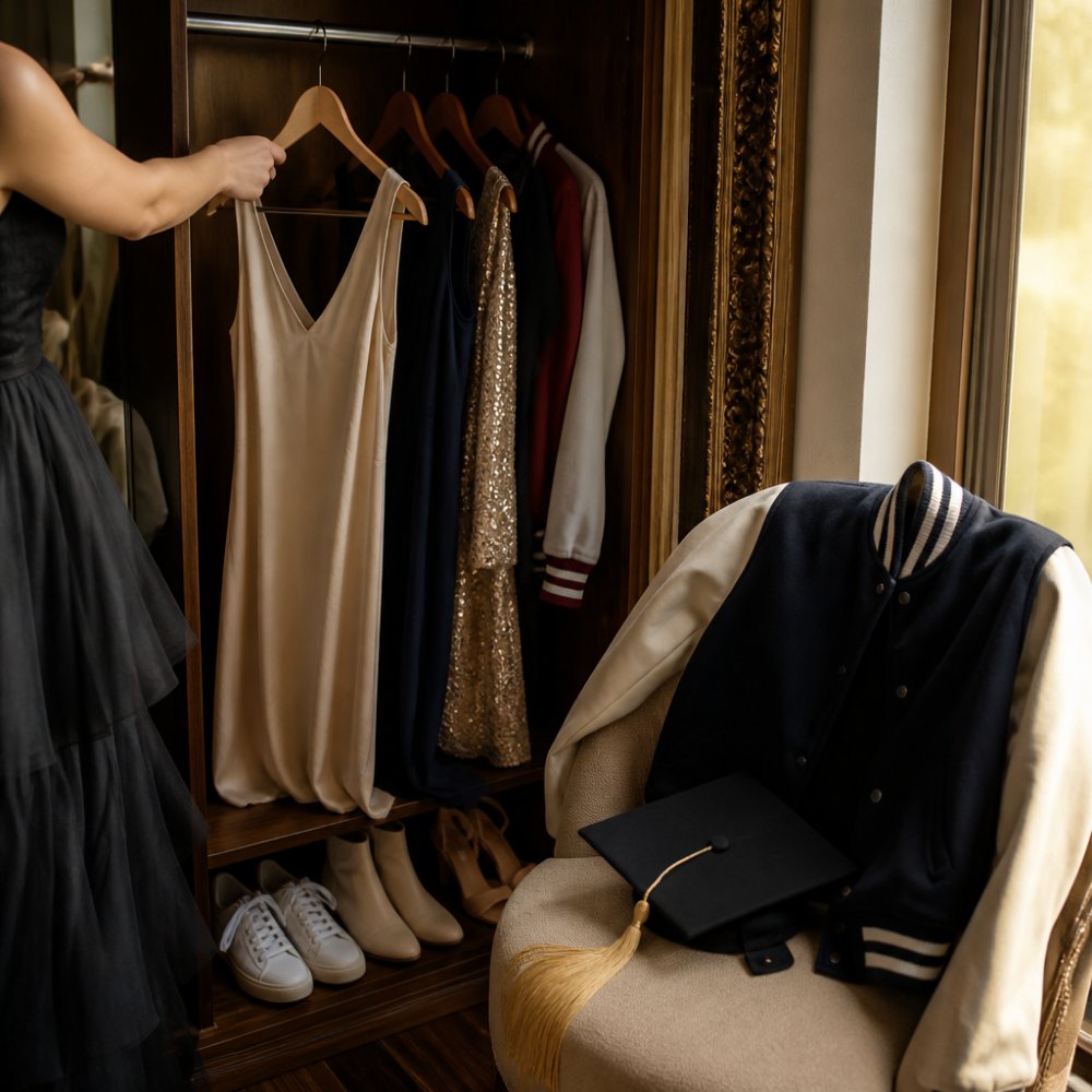 High school senior changing outfits between portrait setups, showing the variety of wardrobe options during an extended session in a professional dressing area