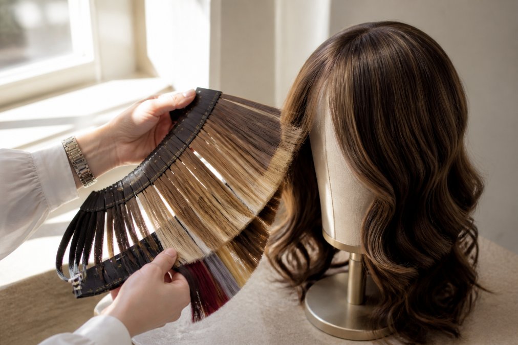 A woman's hand holding a professional hair color ring swatch set next to a luxury sheitel on a wig stand, comparing shades in warm natural window light streaming from the left