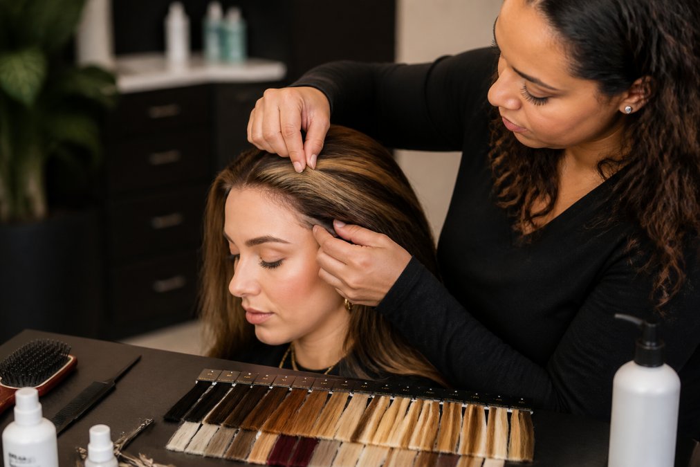 A professional stylist carefully pressing and adjusting the lace front hairline of a luxury sheitel on a seated client, showing fine detail work at the temples under warm salon lighting