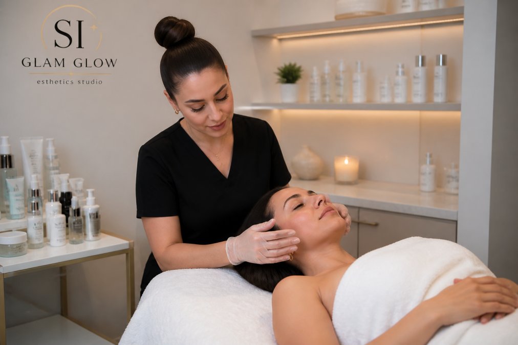 Licensed esthetician performing detailed skin consultation and analysis with client in calm, private treatment room with soft professional lighting and skincare products visible on shelves