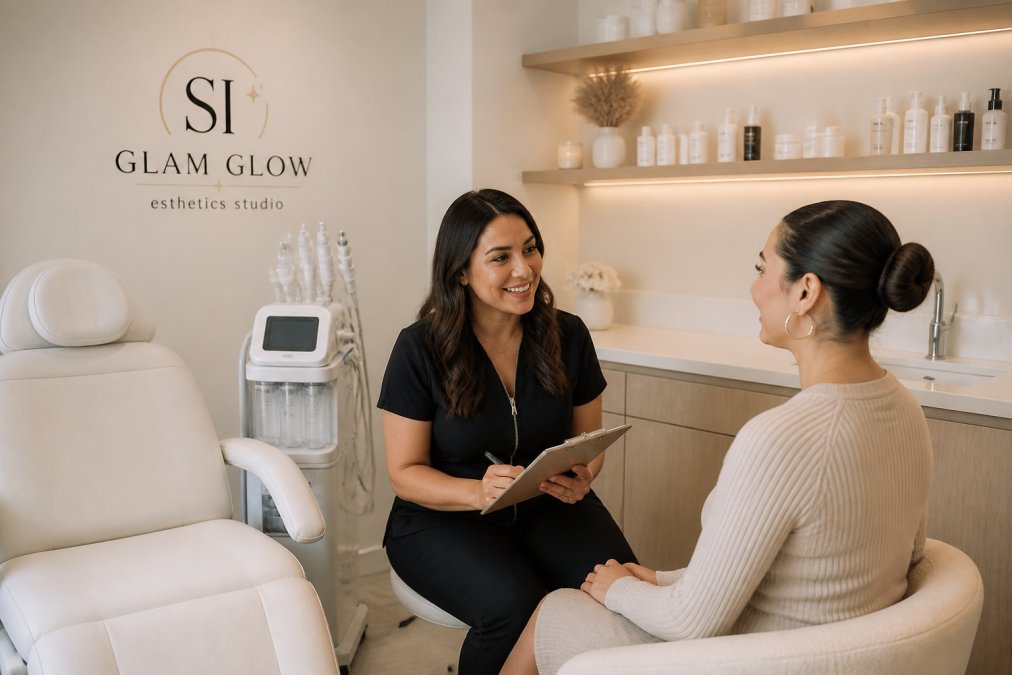 Welcoming, clean esthetics studio interior with comfortable treatment chair, professional skincare equipment, and licensed esthetician consulting with client in private treatment space with soft lighting