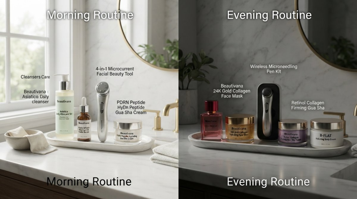 Serene bathroom vanity displaying luxury skincare products arranged in order of application, with soft morning light streaming through a window, bottles and moisturizer clearly visible
