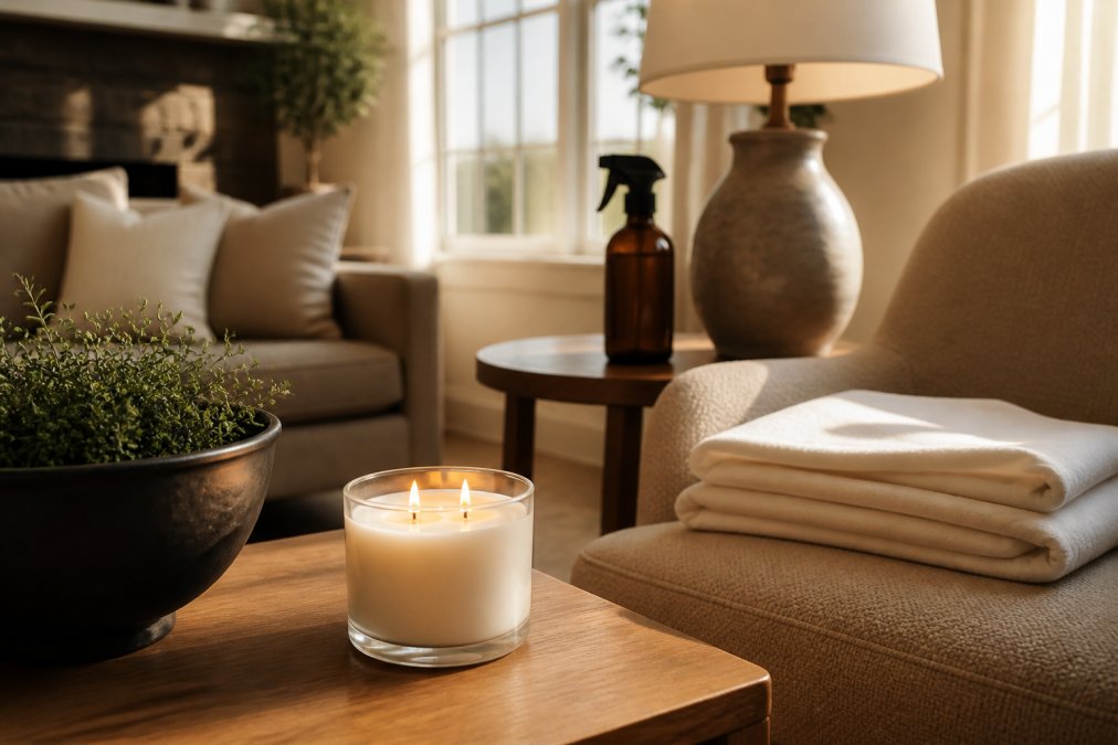Infographic showing the luxury small-batch cleaning process for layering home scents to achieve a hotel-like atmosphere