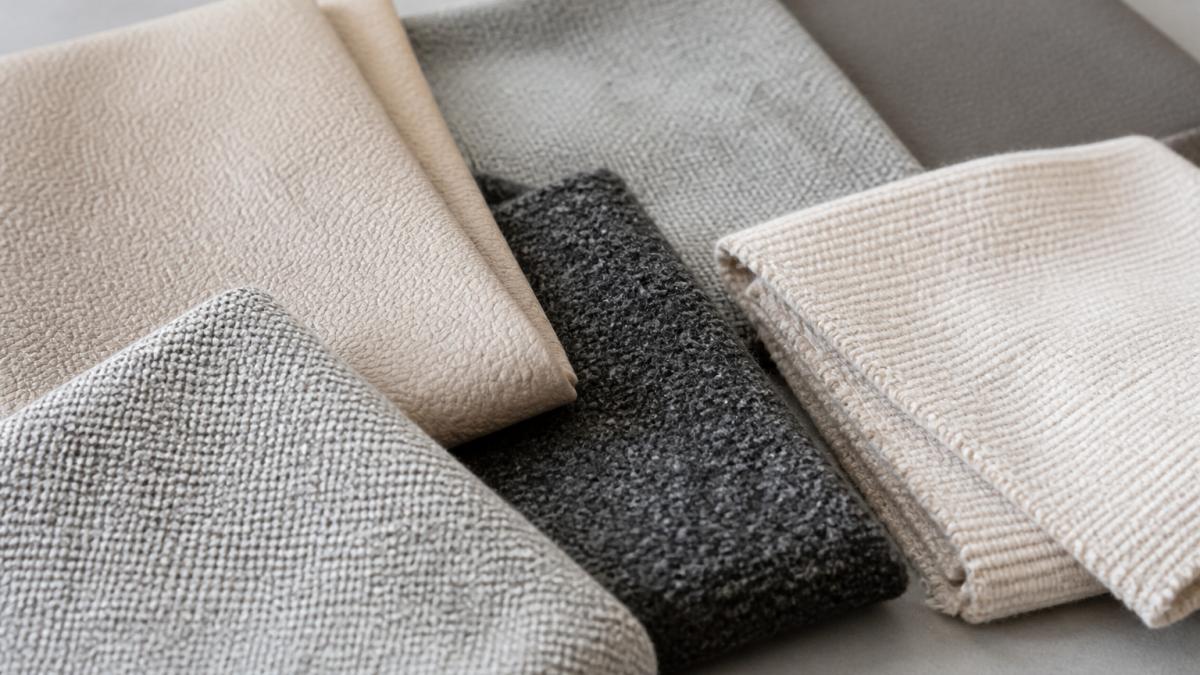 Comparison chart of textures for vegan leather sofa alternatives including linen, wool, and performance fabrics.