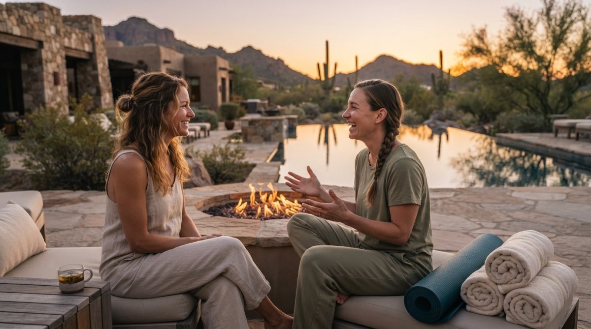 A serene desert villa luxury spa at golden hour with a pool reflecting mountains and yoga gear by a fire pit.