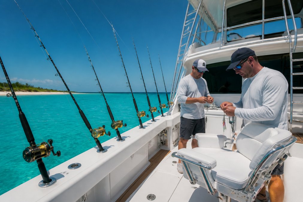 A pristine 61-foot Viking Sportfish yacht anchored in turquoise Bahamian waters, with tournament-grade fishing rods mounted along the gunwale and a captain and mate preparing tackle on the aft deck under bright sunlight