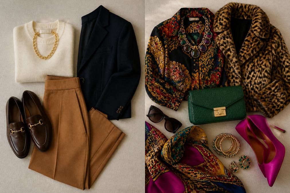 Overhead flat-lay of curated neutral luxury pieces including cream cashmere, tailored caramel trousers, navy blazer, gold chain necklace, and leather loafers arranged on pale linen surface