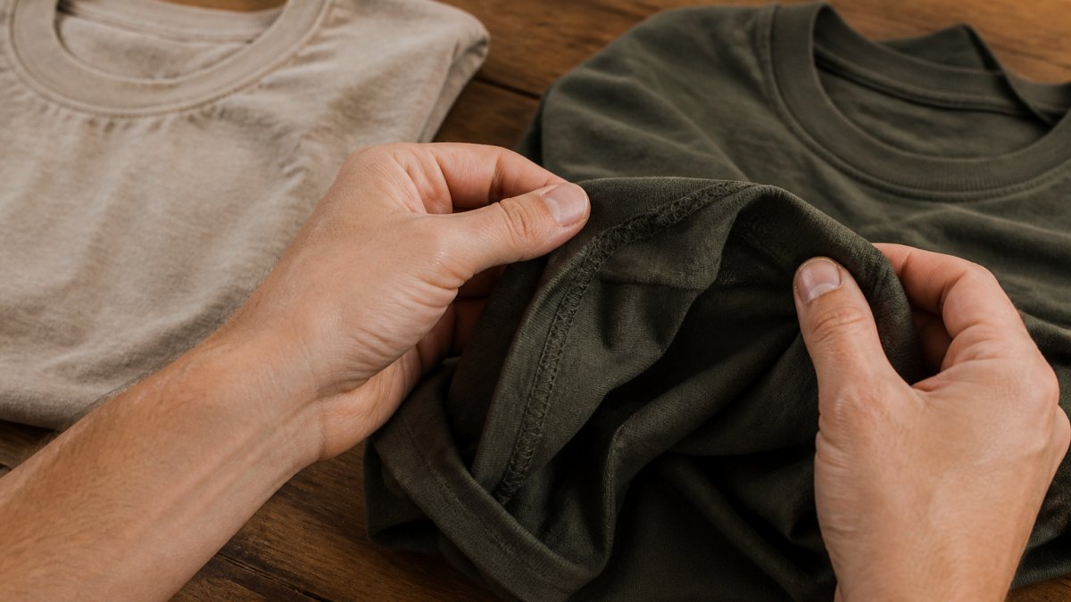 Diagram showing a step-by-step process for inspecting garment stitching and seam quality before purchase