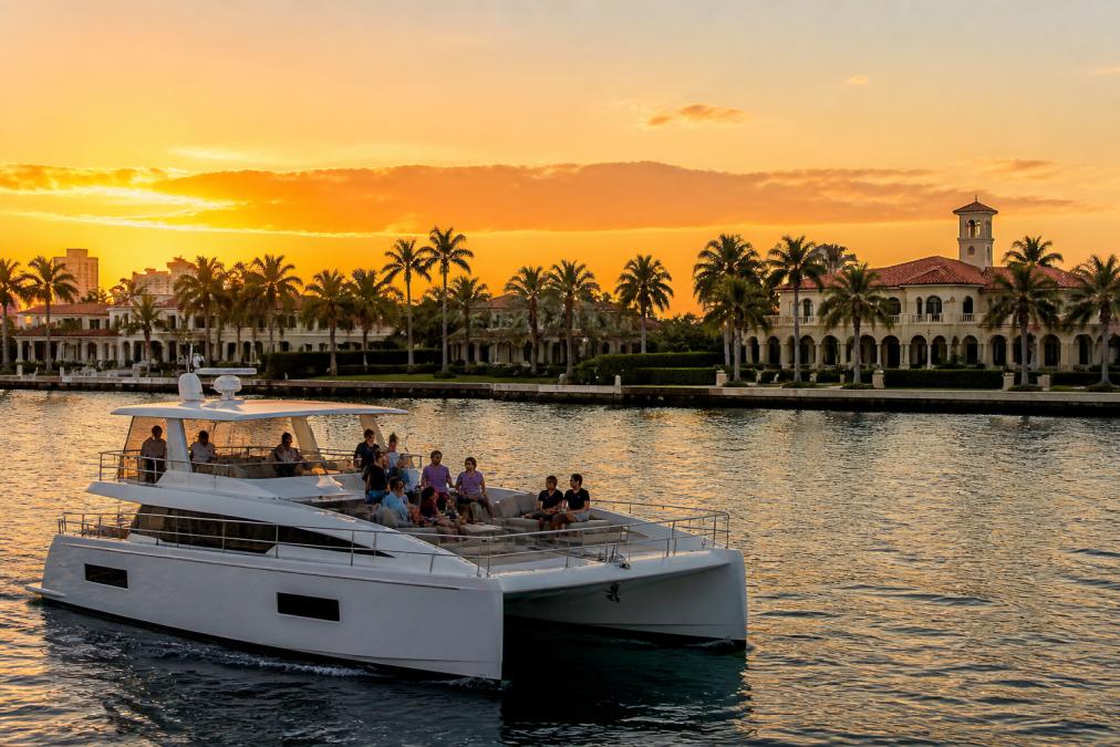 A luxury catamaran sailing along the Intracoastal Waterway at golden hour, with Palm Beach Island waterfront landmarks visible in the background and warm sunset light reflecting off the water