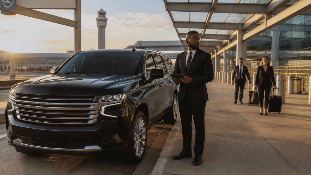 A professional chauffeur in a black suit standing beside a black luxury SUV at Charlotte Douglas International Airport curbside, holding a tablet and looking toward arriving passengers, with terminal signage and early morning light in the background