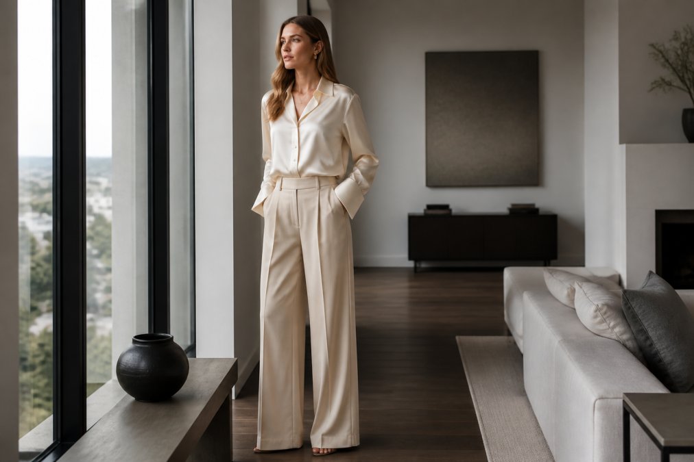 Tall woman styled in luxury coordinated outfit featuring a silk charmeuse blouse with extended sleeves and French cuffs, paired with tailored wide-leg trousers with true 38-inch inseam, photographed in natural window light with professional jewelry and polished styling