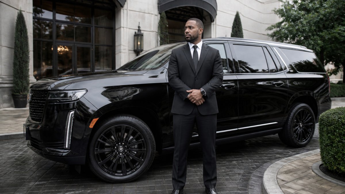 Professional chauffeur in formal attire standing beside a black luxury SUV at an upscale hotel entrance, representing premium executive transportation service in Charlotte