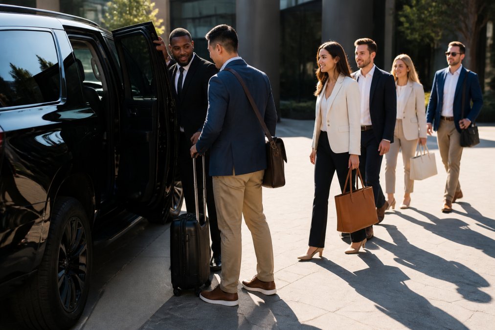 Group of five business professionals in business casual attire boarding a black luxury vehicle, with chauffeur assisting with luggage, afternoon sunlight creating sharp shadows on pavement
