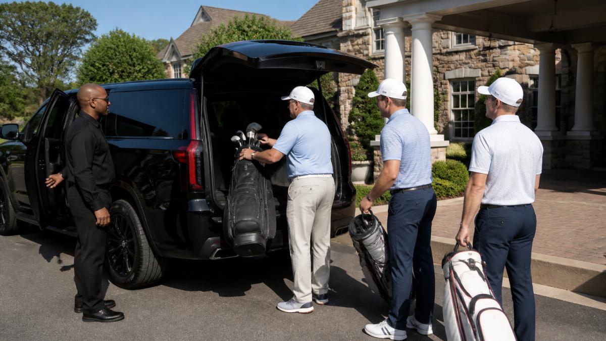 A group of well-dressed golfers in polo shirts loading golf bags into the back of a black luxury SUV outside a Charlotte clubhouse on a sunny morning, with a driver holding the rear door open