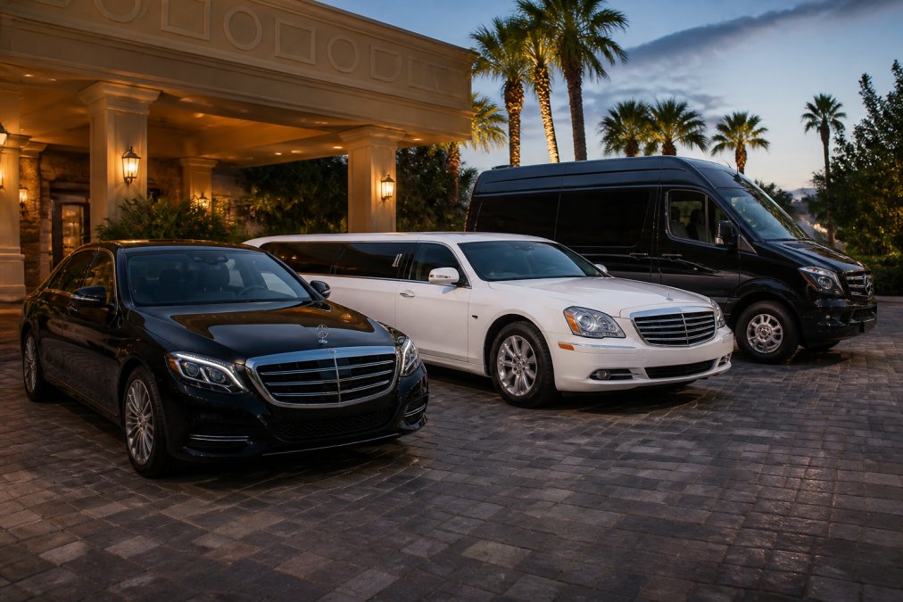 A row of premium vehicles including a black luxury sedan, a white stretch limousine, and a sprinter van parked outside an upscale venue at dusk, with soft exterior lighting reflecting off the polished paint