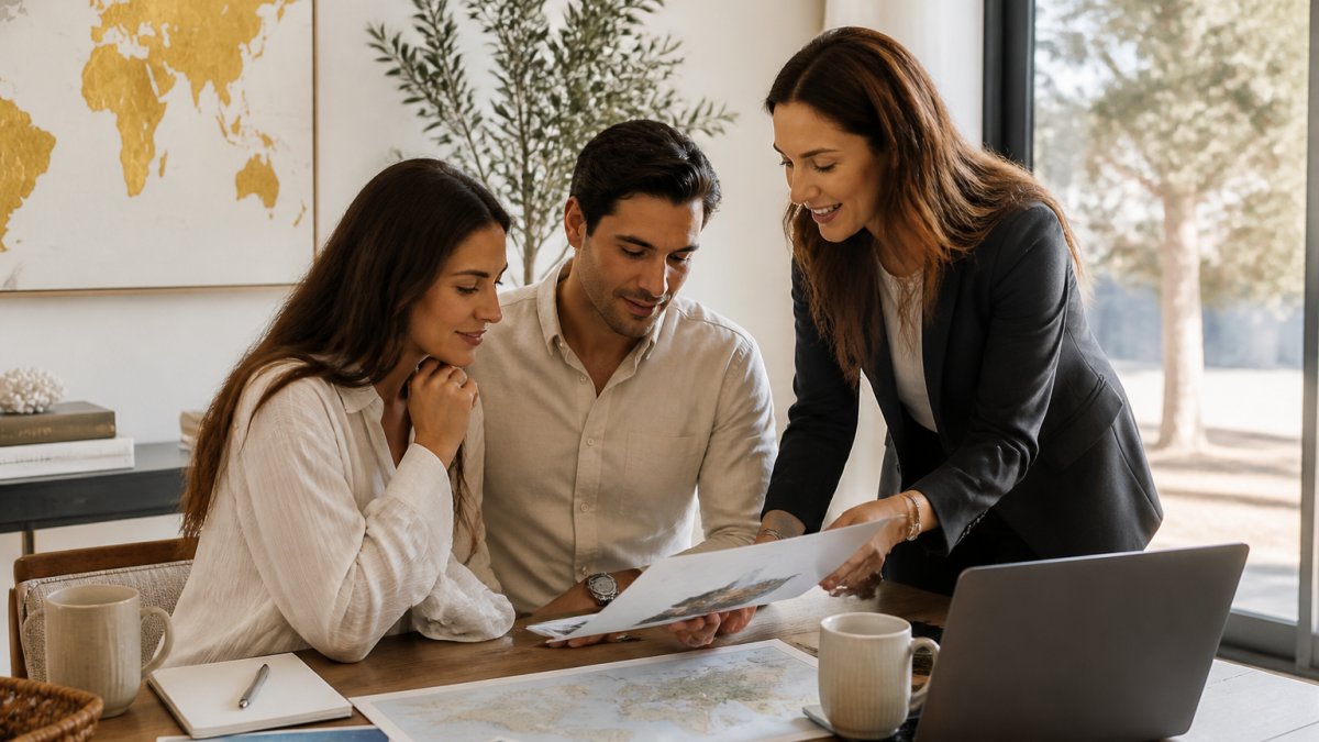 A travel advisor and a couple reviewing a printed itinerary and an open laptop at a sunlit desk, world map and coffee mugs nearby