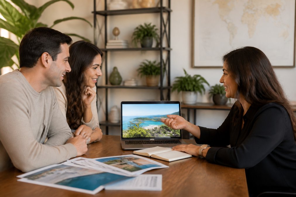 Travel advisor on a video call with a couple, discussing destination options on a laptop with a notepad and destination photos nearby, warm office lighting