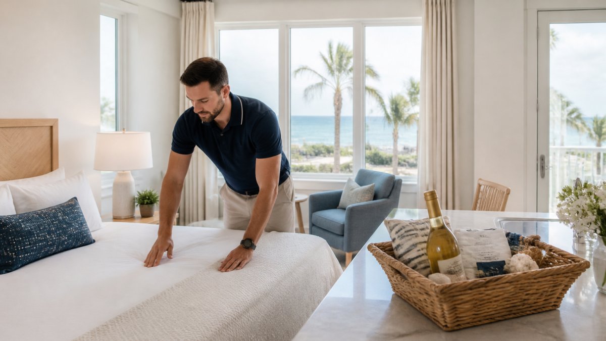 Property manager preparing a luxury vacation rental with fresh linens and a welcome basket by the coast.