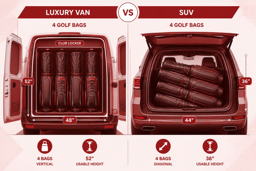 Side-by-side cargo comparison showing four golf travel bags loaded vertically in a luxury van club locker next to the same four bags stacked diagonally in an SUV cargo area