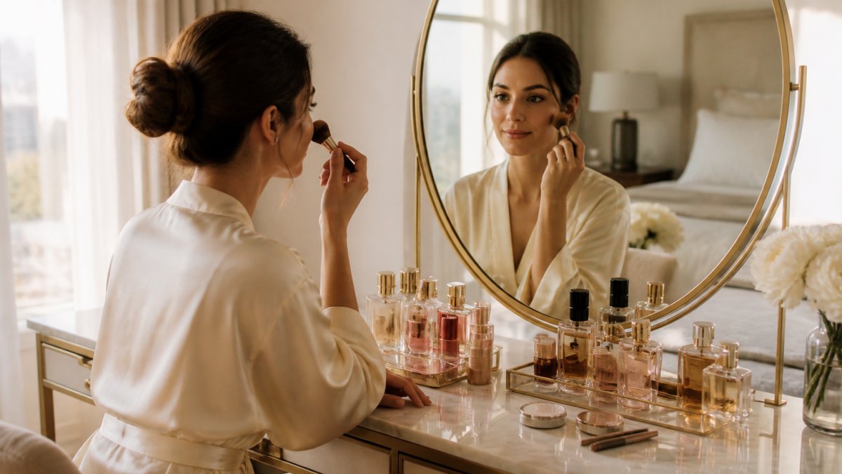 A woman in a silk robe sitting at a beautifully styled vanity in a sunlit bedroom, applying makeup with a brush, surrounded by elegant perfume bottles and a large mirror