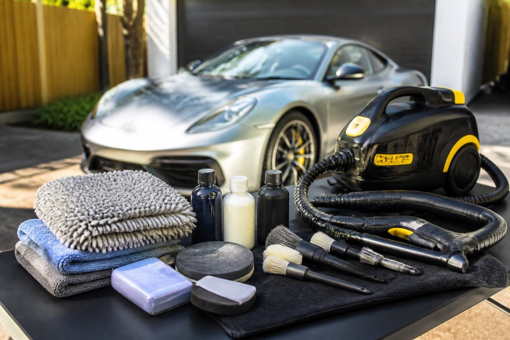 Professional detailer laying out premium detailing tools on a clean work surface including microfiber mitts, clay bars, ceramic coating bottles, soft-bristled detail brushes, and a portable steam cleaner, with a luxury sports car visible in the background