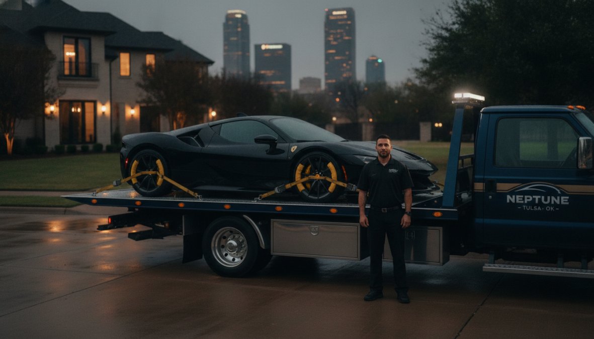 A low-profile luxury sports car secured on a flatbed tow truck with soft straps, showing the vehicle centered on the bed with proper loading angle and tie-down points visible