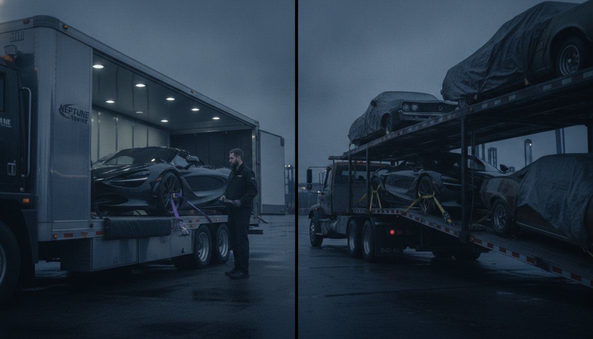 Luxury sports car being carefully loaded onto enclosed flatbed trailer with professional securing equipment and soft-tie straps visible