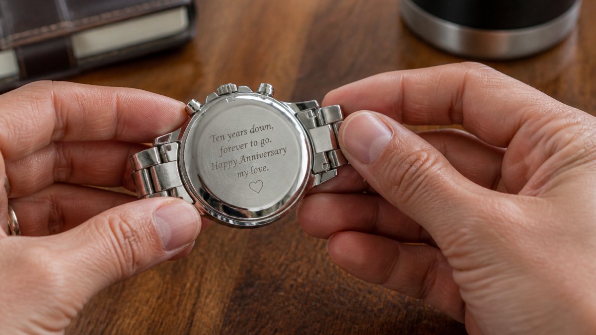 Close-up of hands holding a stainless steel chronograph watch with a personalized engraved message on the case back, soft warm lighting on a wooden table