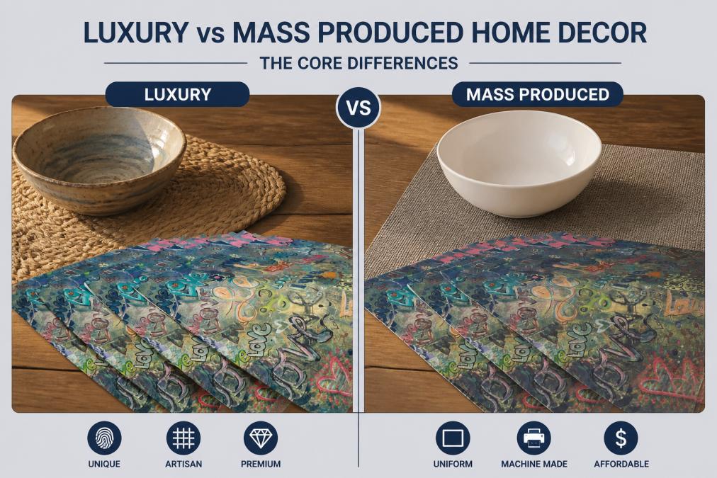Side-by-side flat lay on a reclaimed wooden table: on the left, a handcrafted ceramic bowl with irregular glaze and an artisan-woven placemat showing visible texture and natural fiber variation; on the right, a smooth uniform plastic bowl and a generic digitally printed placemat, both under warm late-afternoon window light