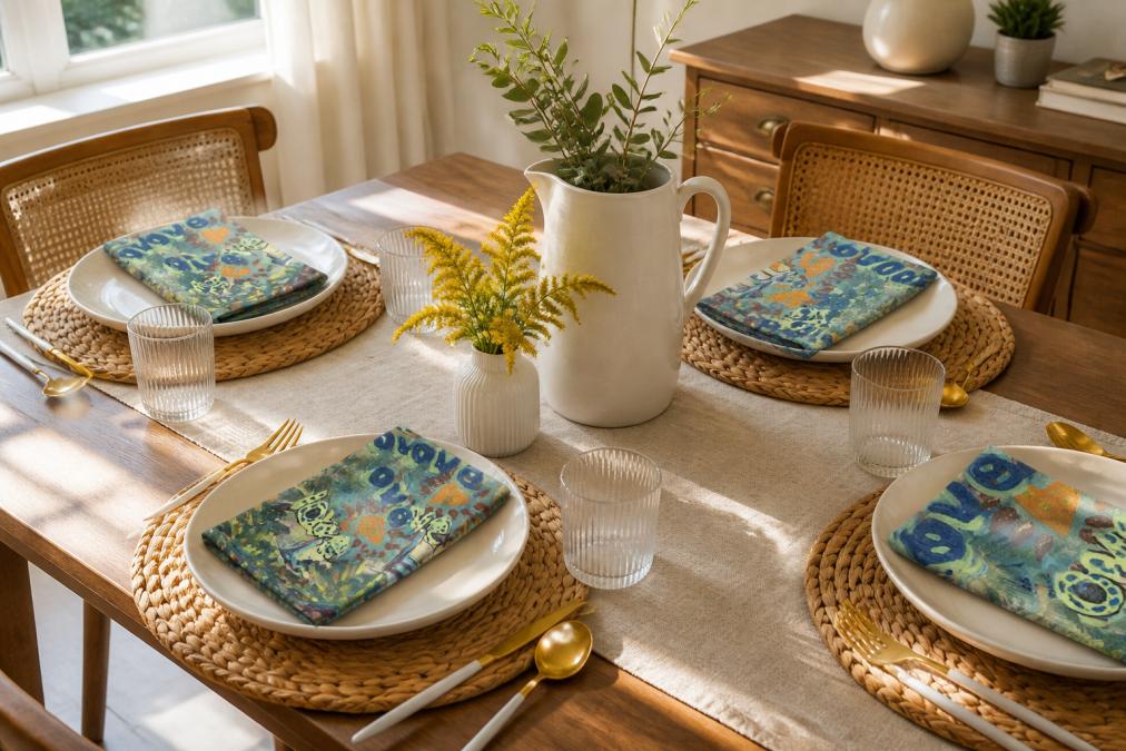 A warmly lit dining table set for an everyday meal, featuring colorful patterned cloth napkins and printed placemats in bold multicolor designs alongside a simple white ceramic pitcher and neutral linen runner as a centerpiece, photographed from a slight overhead angle in natural afternoon light streaming through a window