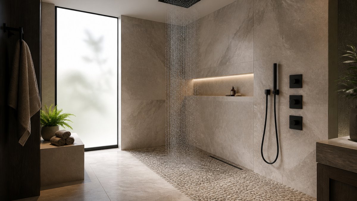 Luxurious walk-in shower with natural stone surfaces, rainfall showerhead mounted on ceiling, soft natural lighting from frosted glass panel, and matte black fixtures creating spa-like atmosphere