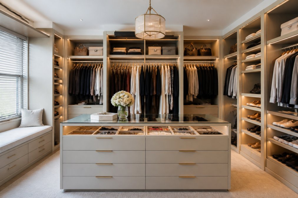 A bright, spacious walk-in wardrobe with floor-to-ceiling fitted furniture, open hanging rails, and a central island with drawer dividers, soft ambient lighting highlighting the luxury finishes and organised layout