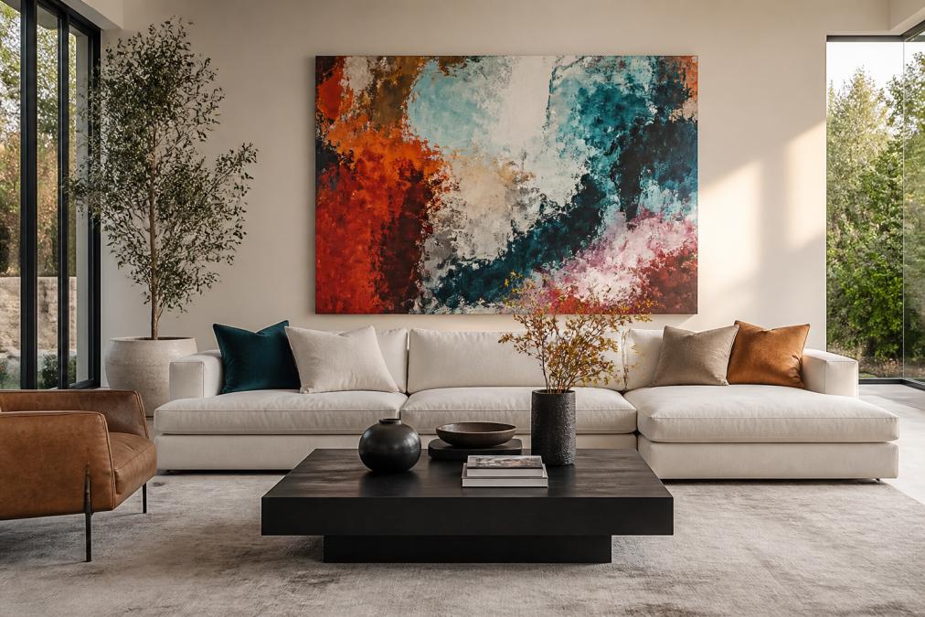 A modern living room with a large, vibrant abstract painting displaying bold brushstrokes and layered textures hanging above a minimalist sofa in neutral tones, natural light streaming through floor-to-ceiling windows