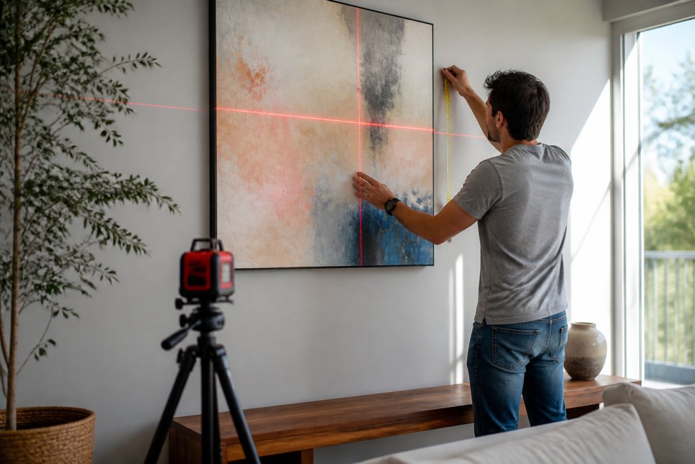 A homeowner using a laser level and measuring tape to position a large abstract canvas at eye level on a feature wall, carefully marking mounting points while natural light illuminates the space