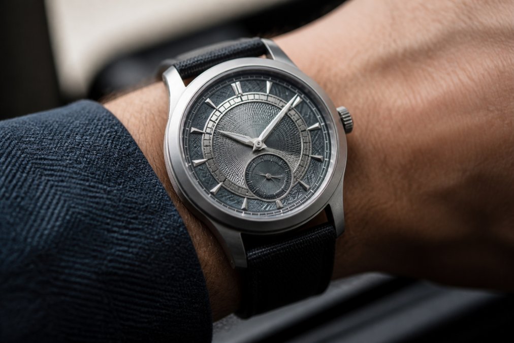Close-up of a hand-finished titanium luxury watch on a wrist in natural daylight, showing ornate dial design with guillochéed patterns and refined case finishing with visible chamfered edges